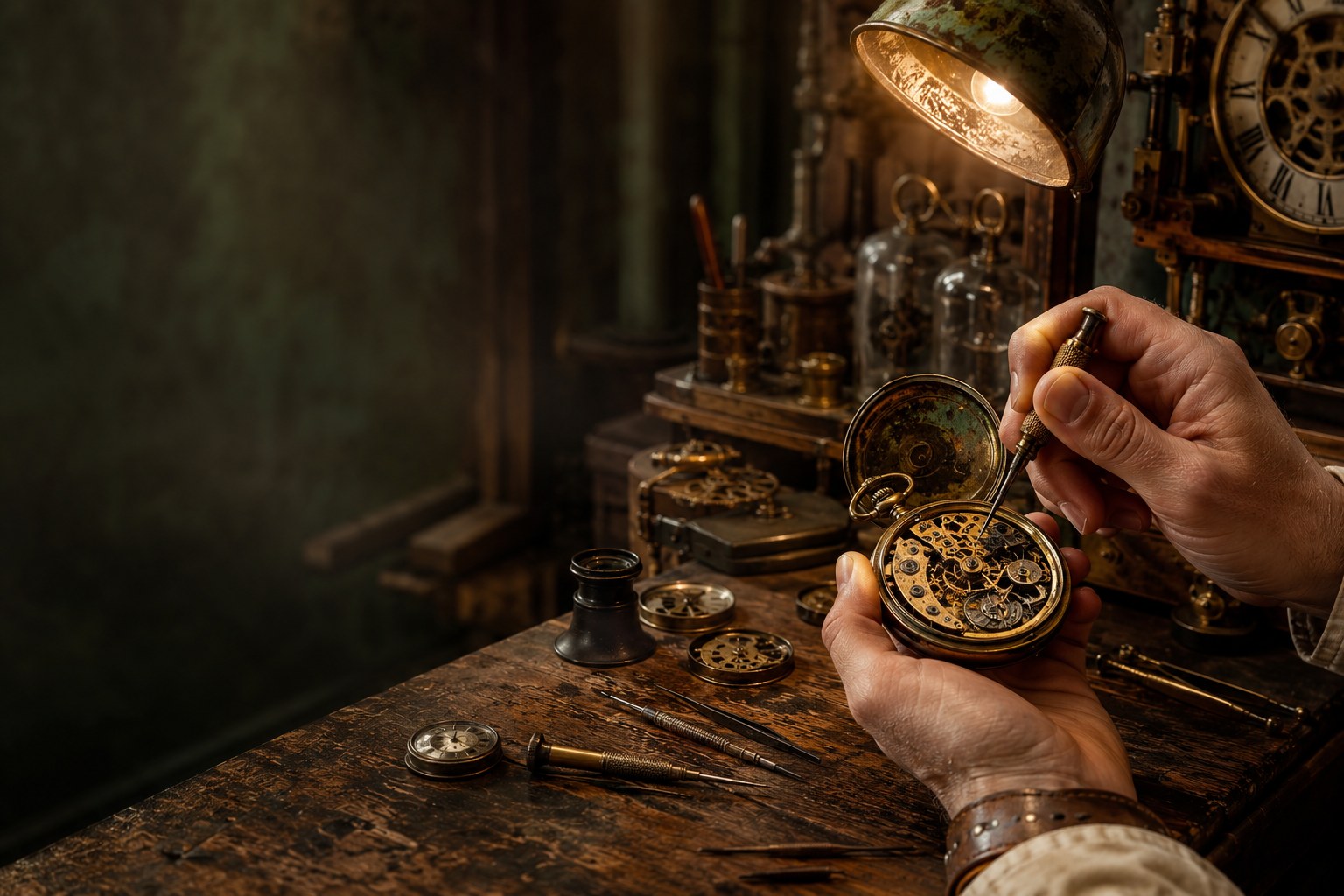 Uhrmacher restauriert eine antike Taschenuhr in einer steampunk-inspirierten Werkstatt